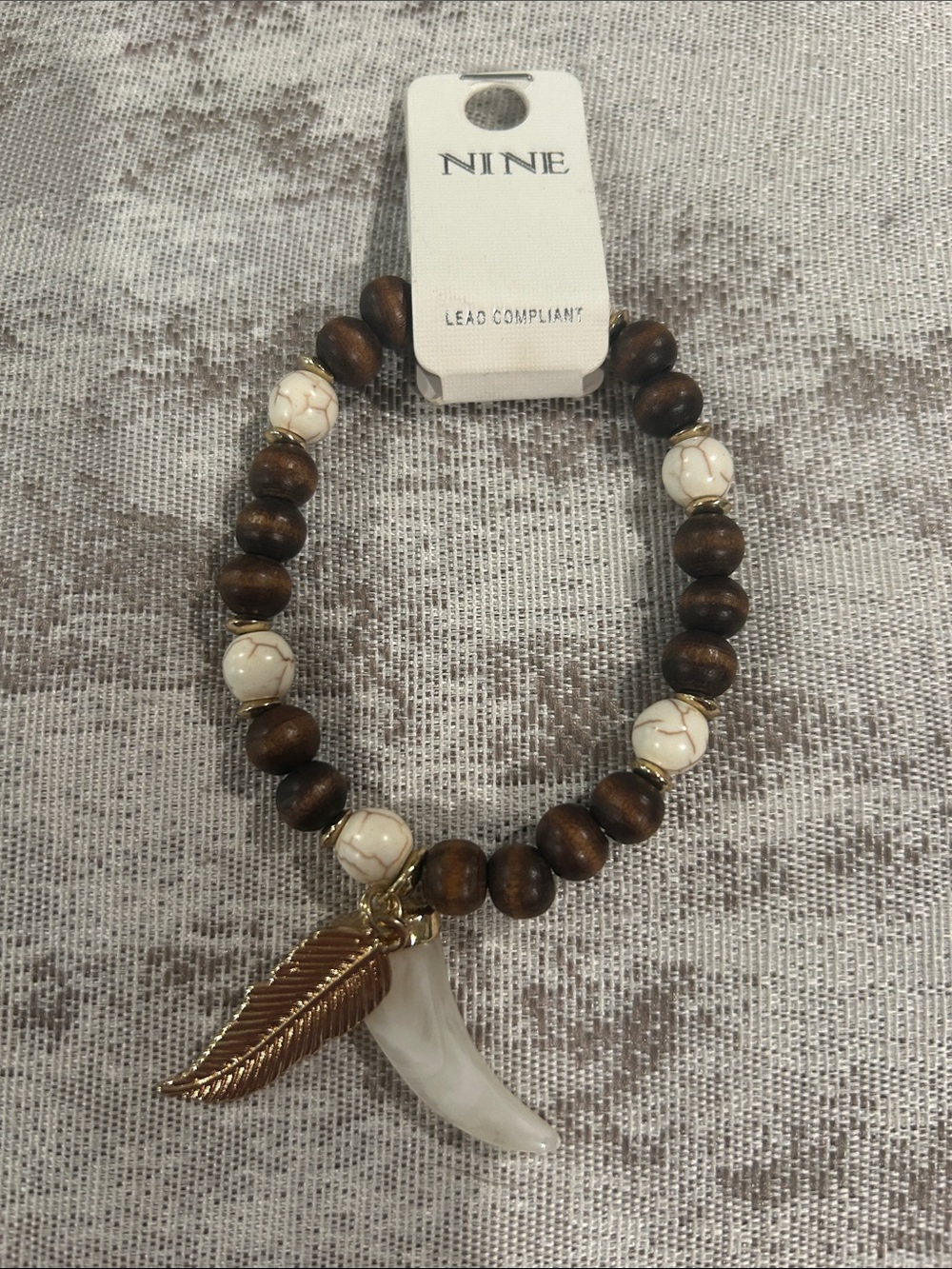 Brown Wood Bead Stretch Bracelet with Cream Stone Beads & Gold Leaf Charm